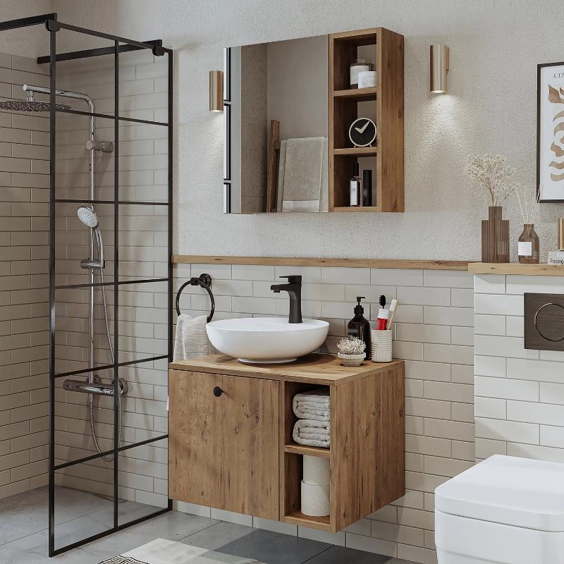Mobile bagno sospeso lavabo appoggio specchio 65 cm rovere Ocean