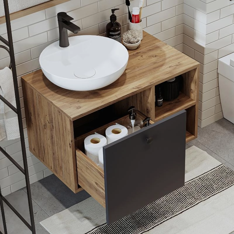 Mobile bagno sospeso lavabo appoggio specchio 75 cm rovere antracite Ocean