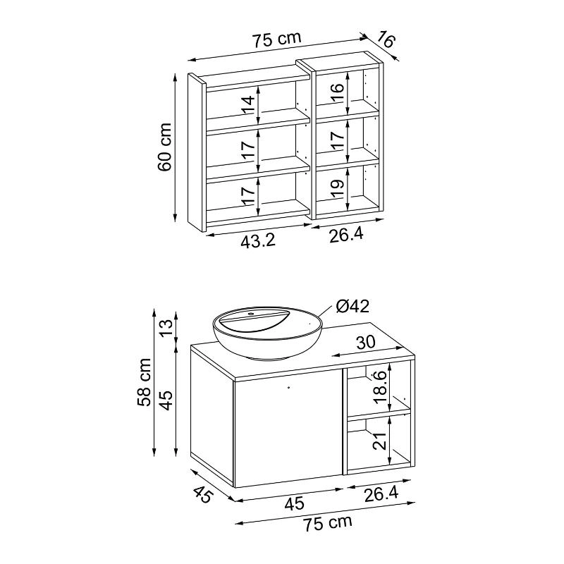 Mobile bagno sospeso lavabo appoggio specchio 75 cm rovere antracite Ocean