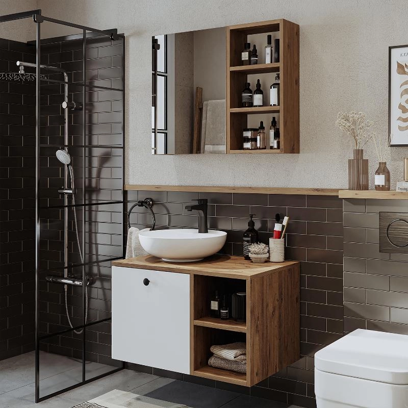 Mobile bagno sospeso lavabo appoggio specchio 75 cm rovere bianco Ocean