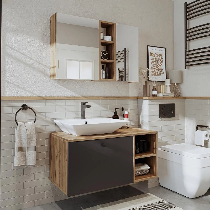 Mobile bagno sospeso lavabo appoggio rettangolare specchio 95 cm rovere antracite Ocean