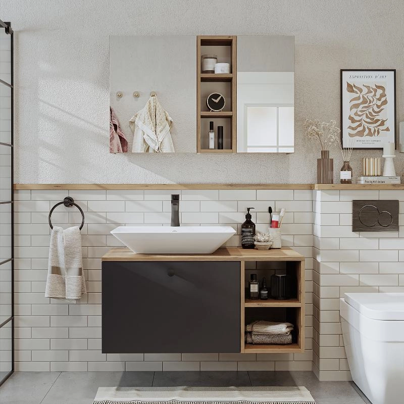 Mobile bagno sospeso lavabo appoggio rettangolare specchio 95 cm rovere antracite Ocean