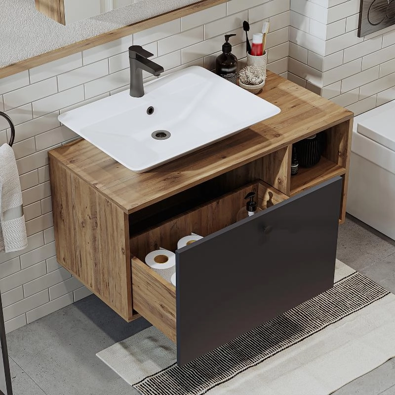 Mobile bagno sospeso lavabo appoggio rettangolare specchio 95 cm rovere antracite Ocean