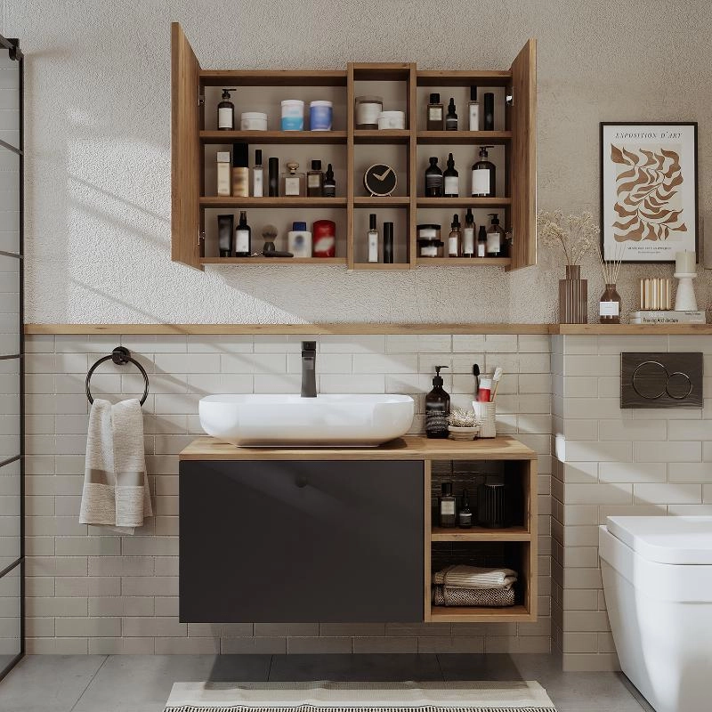 Mobile bagno sospeso lavabo appoggio tondo specchio 95 cm rovere antracite Ocean