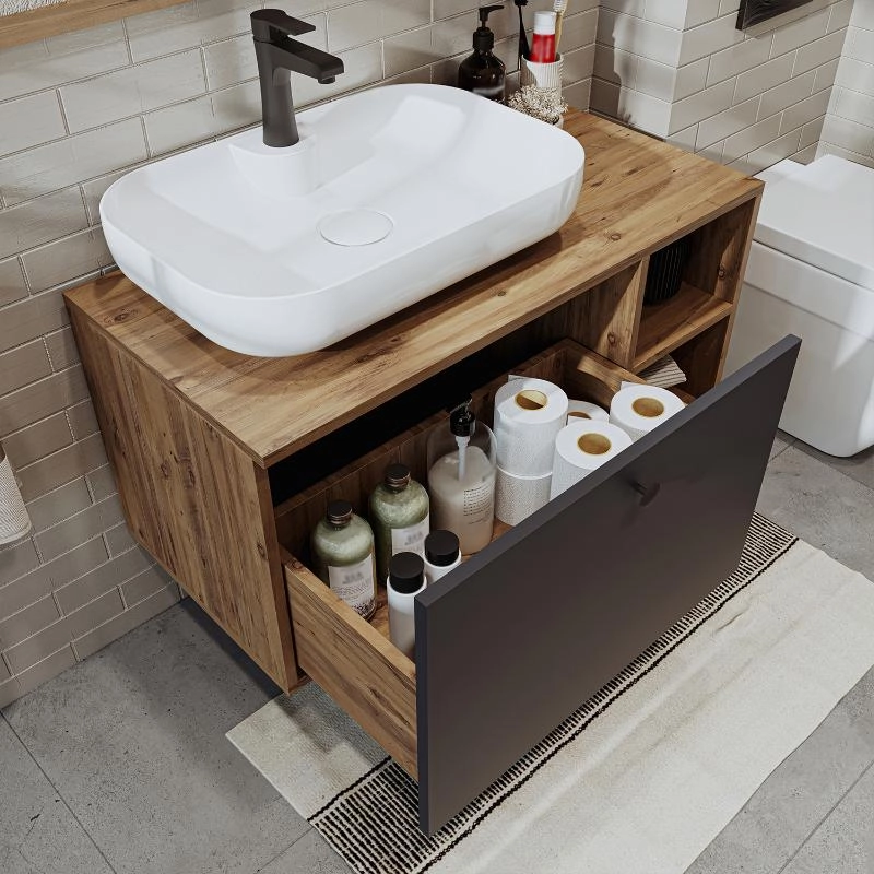 Mobile bagno sospeso lavabo appoggio tondo specchio 95 cm rovere antracite Ocean