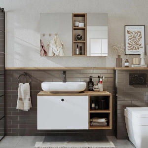 Mobile bagno sospeso lavabo appoggio tondo specchio 95 cm rovere bianco Ocean