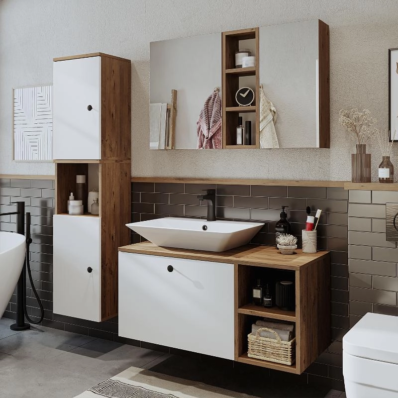 Mobile bagno sospeso lavabo appoggio rettangolare specchio colonna 95 cm rovere bianco Ocean