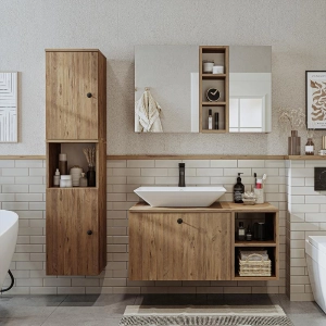 Mobile bagno sospeso lavabo appoggio rettangolare specchio colonna 95 cm rovere Ocean