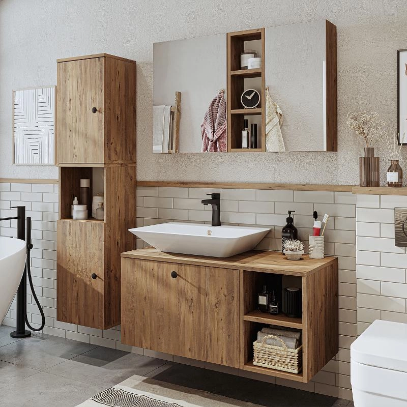 Mobile bagno sospeso lavabo appoggio rettangolare specchio colonna 95 cm rovere Ocean
