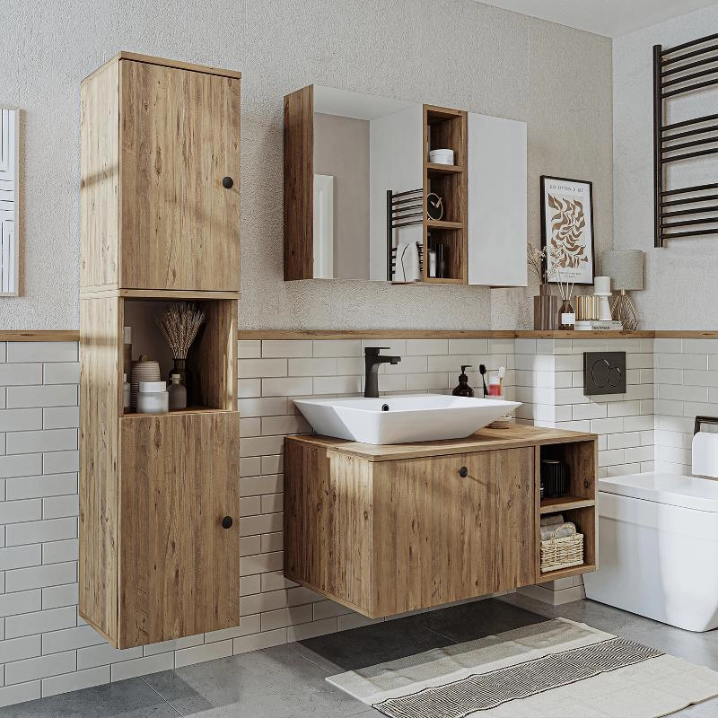 Mobile bagno sospeso lavabo appoggio rettangolare specchio colonna 95 cm rovere Ocean