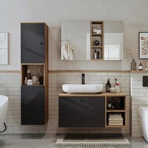 Mobile bagno sospeso lavabo appoggio tondo specchio colonna 95 cm rovere antracite Ocean