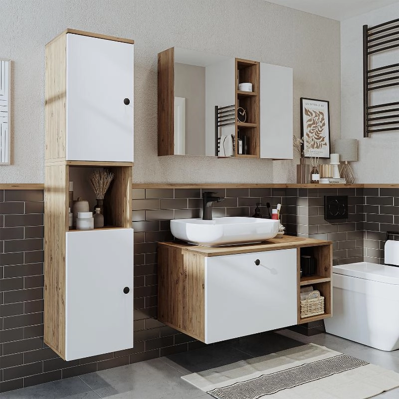 Mobile bagno sospeso lavabo appoggio tondo specchio colonna 95 cm rovere bianco Ocean