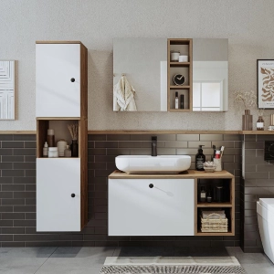 Mobile bagno sospeso lavabo appoggio tondo specchio colonna 95 cm rovere bianco Ocean