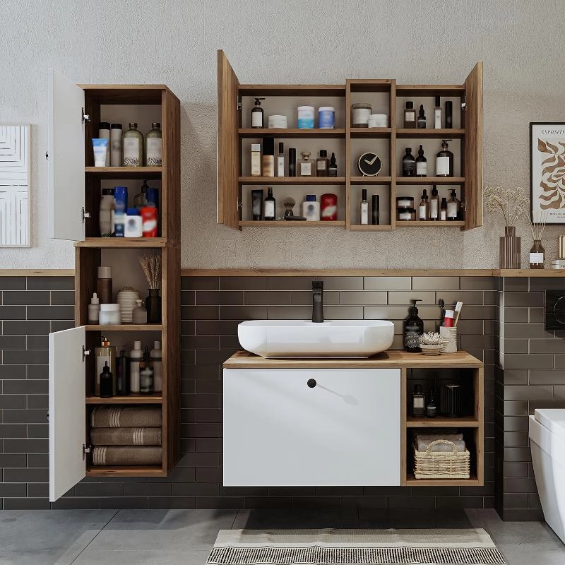 Mobile bagno sospeso lavabo appoggio tondo specchio colonna 95 cm rovere bianco Ocean