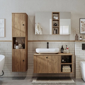 Mobile bagno sospeso lavabo appoggio tondo specchio colonna 95 cm rovere Ocean