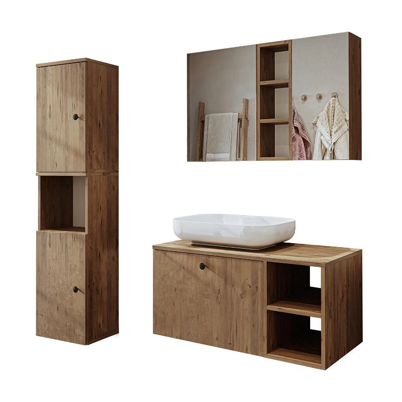 Mobile bagno sospeso lavabo appoggio tondo specchio colonna 95 cm rovere Ocean