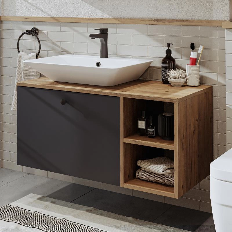 Mobile bagno sospeso lavabo appoggio rettangolare 95 cm rovere antracite Ocean