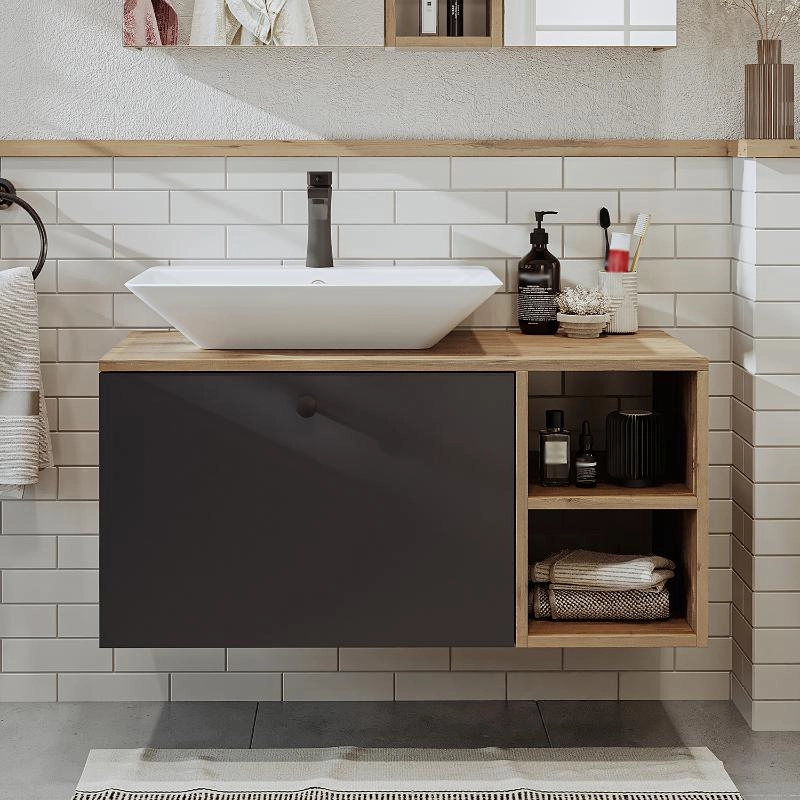Mobile bagno sospeso lavabo appoggio rettangolare 95 cm rovere antracite Ocean