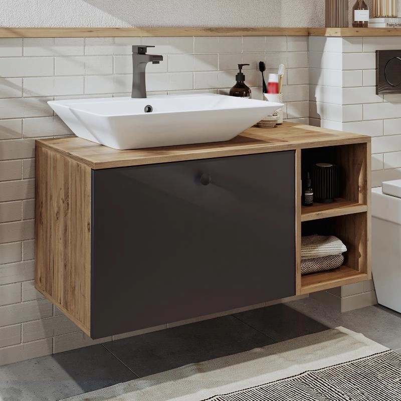 Mobile bagno sospeso lavabo appoggio rettangolare 95 cm rovere antracite Ocean