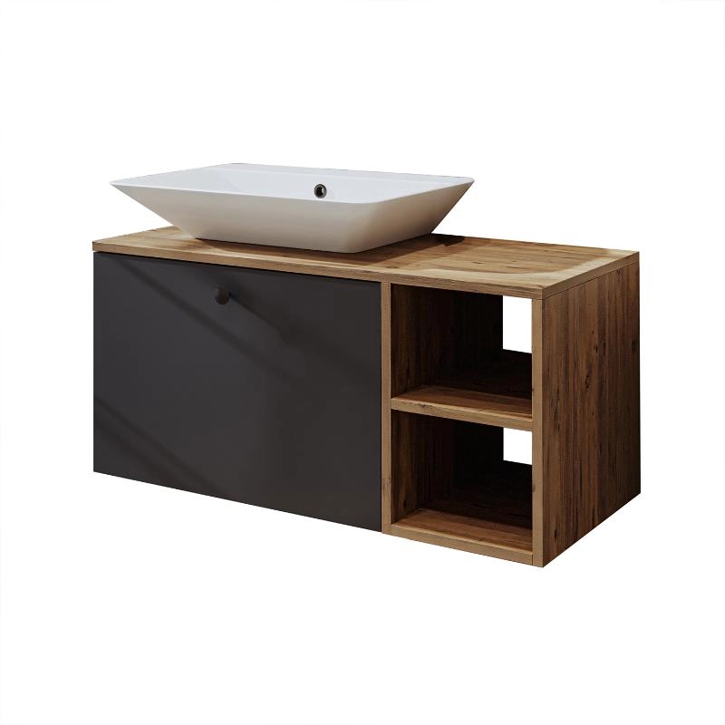 Mobile bagno sospeso lavabo appoggio rettangolare 95 cm rovere antracite Ocean