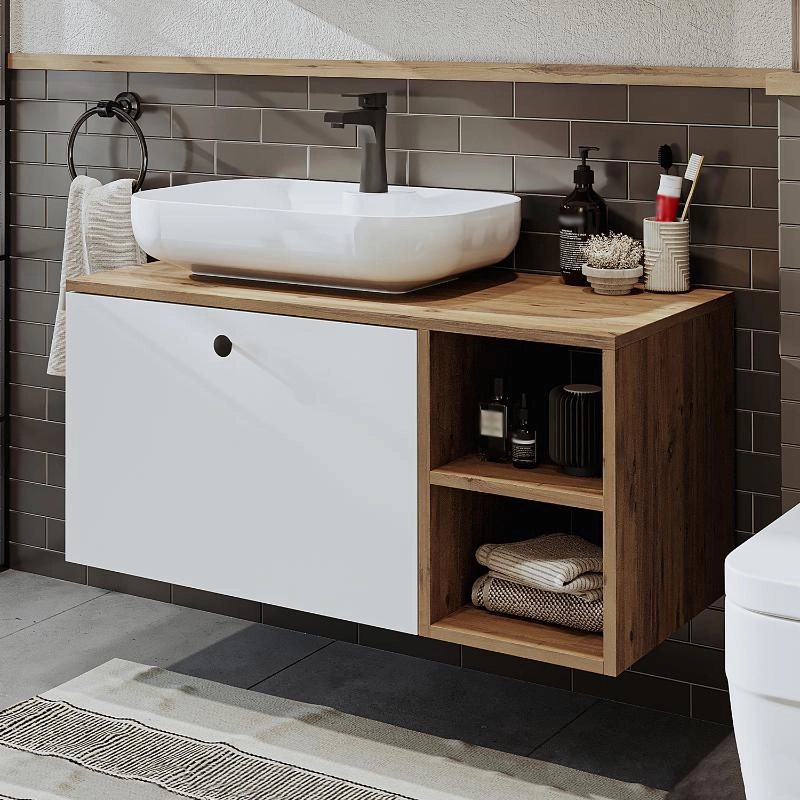 Mobile bagno sospeso lavabo appoggio tondo 95 cm rovere bianco Ocean