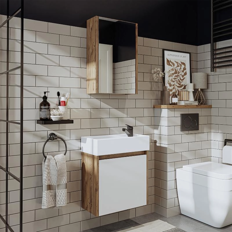 Mobile bagno sospeso lavabo incasso specchio 50 cm rovere bianco Drift