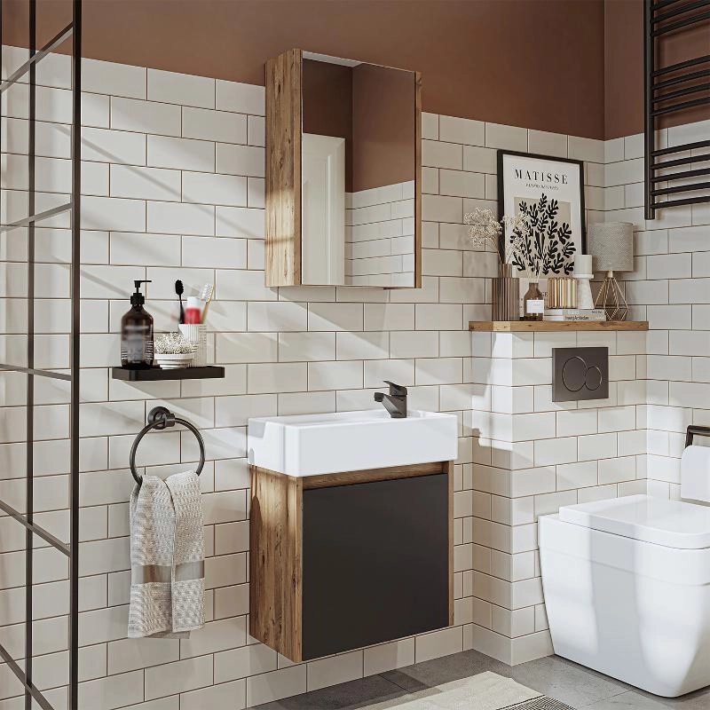 Mobile bagno sospeso lavabo incasso specchio 50 cm rovere antracite Drift