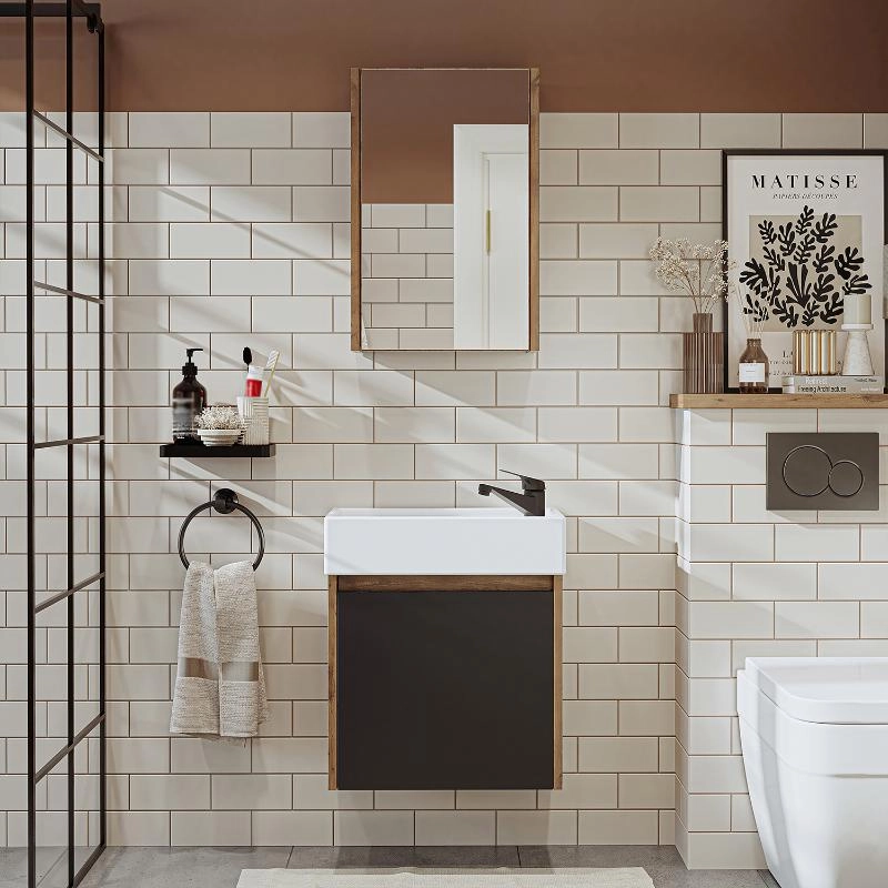 Mobile bagno sospeso lavabo incasso specchio 50 cm rovere antracite Drift