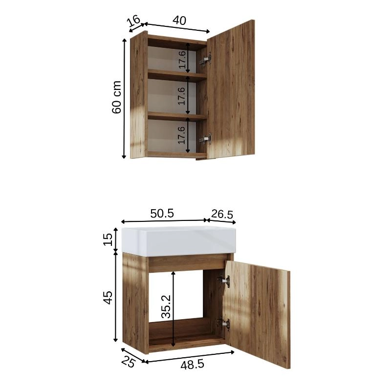Mobile bagno sospeso lavabo incasso specchio 50 cm rovere Drift