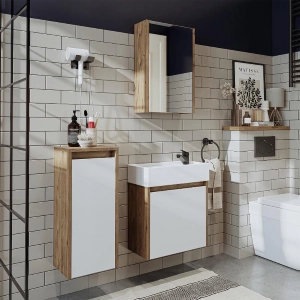 Mobile bagno sospeso lavabo incasso specchio colonna 50 cm rovere bianco Drift