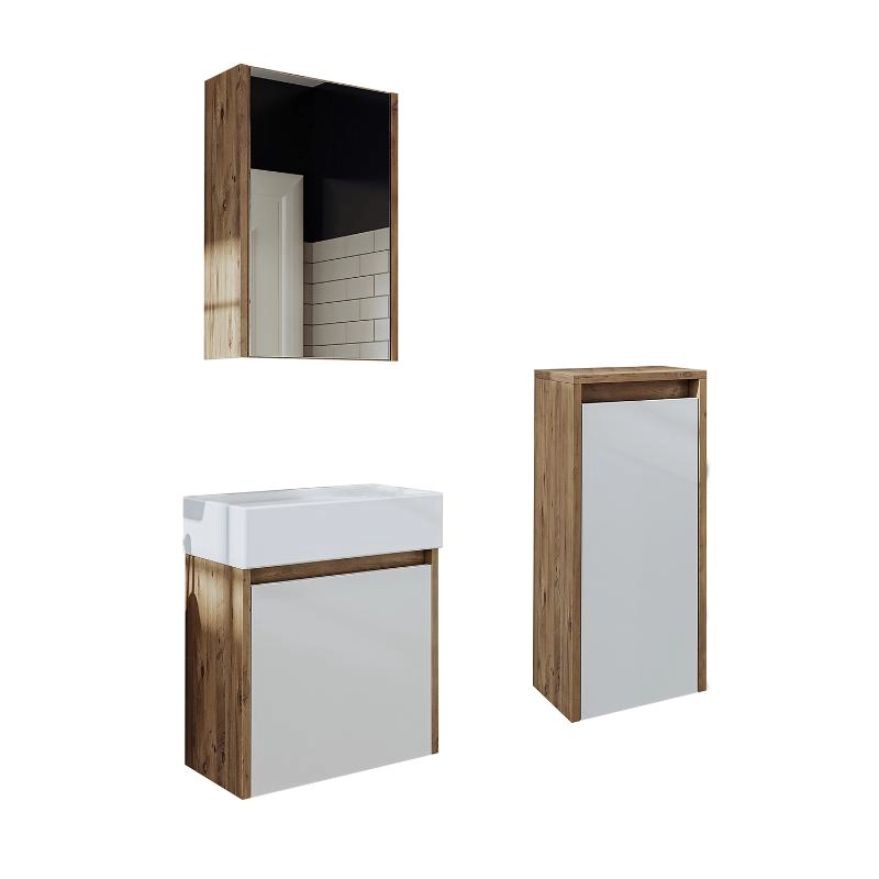 Mobile bagno sospeso lavabo incasso specchio colonna 50 cm rovere bianco Drift