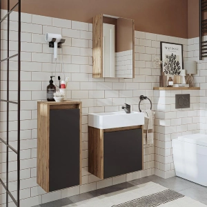 Mobile bagno sospeso lavabo incasso specchio colonna 50 cm rovere antracite Drift