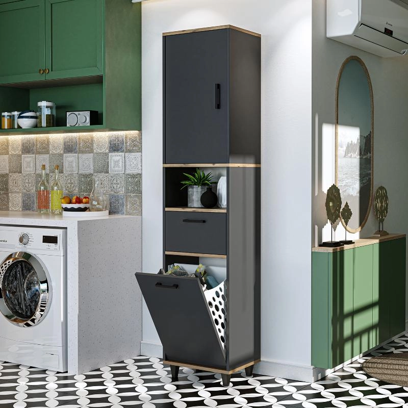 Mobile lavanderia colonna bagno cesto portabiancheria 45xH200 rovere antracite Sirena