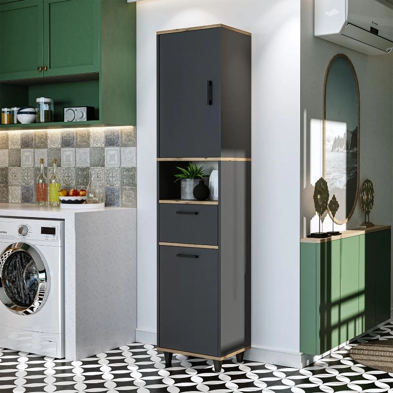 Mobile lavanderia colonna bagno cesto portabiancheria 45xH200 rovere antracite Sirena