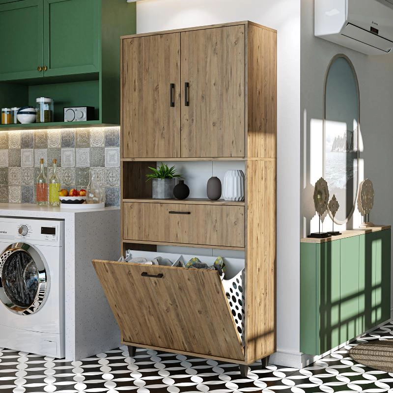 Mobile lavanderia colonna bagno cesto portabiancheria 90xH200 rovere Sirena