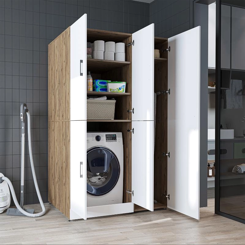 Armadio chiuso mobile lavatrice ripiani portascope 115xH185 rovere bianco Shine-1