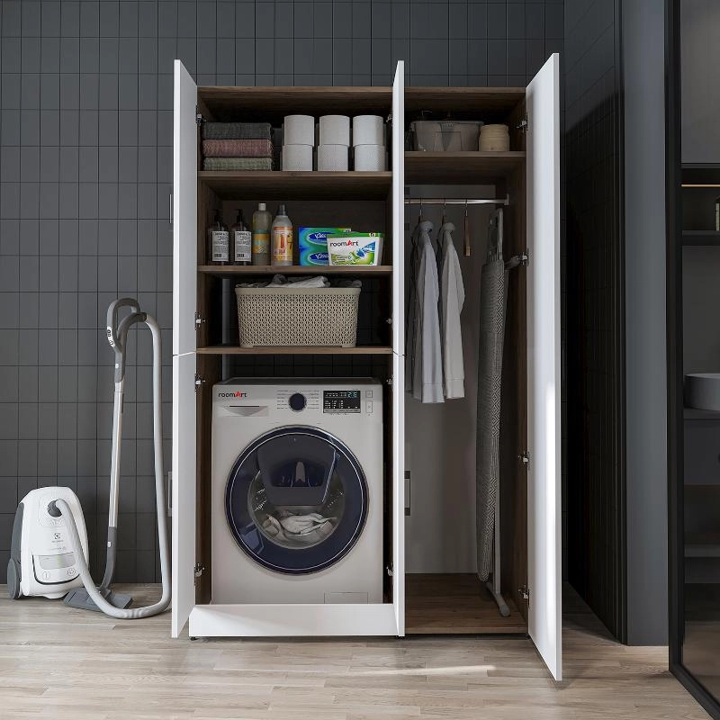 Armadio chiuso mobile lavatrice ripiani portascope 115xH185 rovere bianco Shine-1