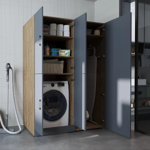 Armadio chiuso mobile lavatrice ripiani portascope 130xH185 rovere antracite Shine-2