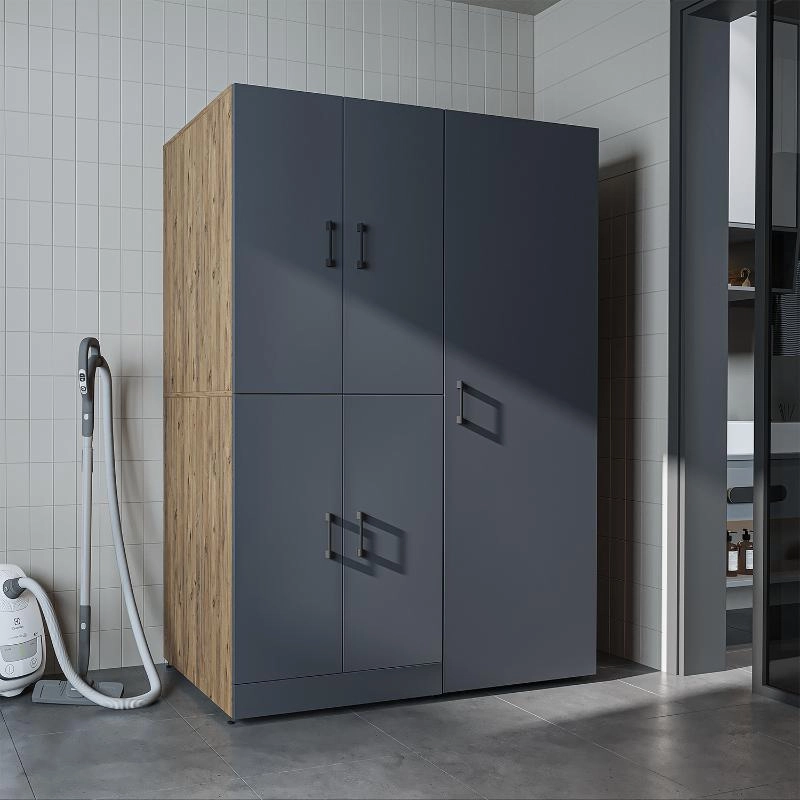 Armadio chiuso mobile lavatrice ripiani portascope 130xH185 rovere antracite Shine-2