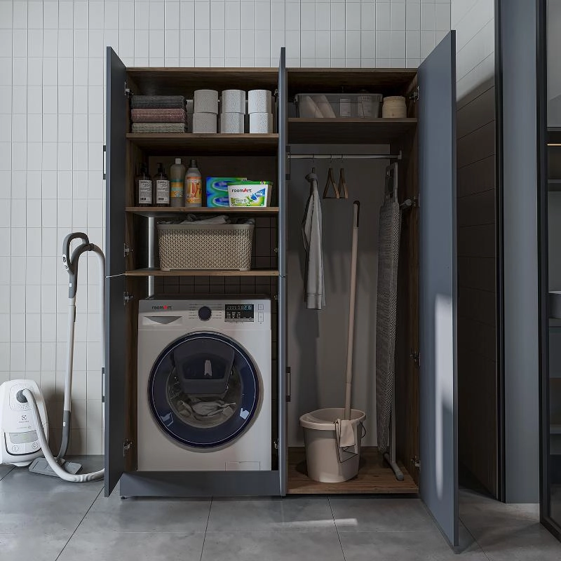 Armadio chiuso mobile lavatrice ripiani portascope 130xH185 rovere antracite Shine-2