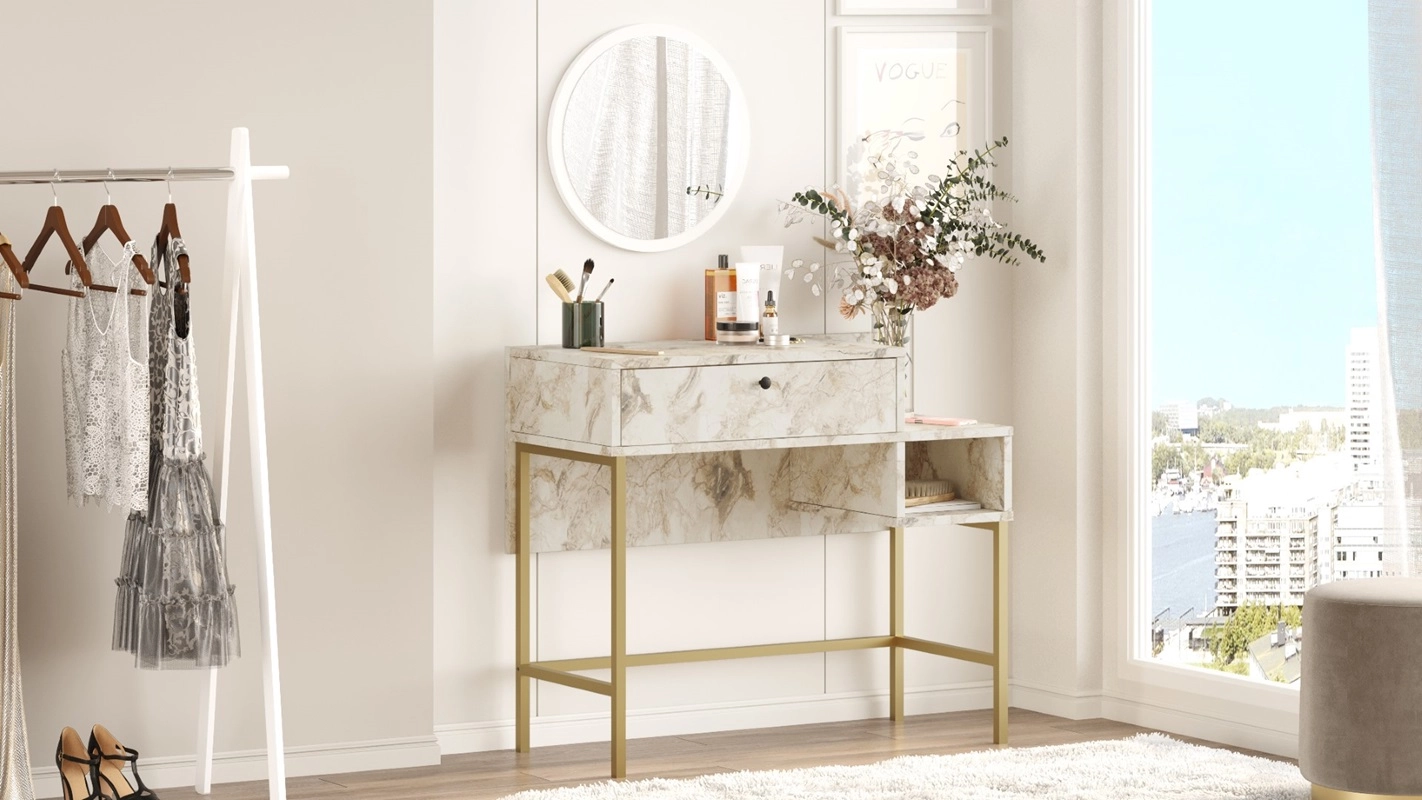 Mobile consolle ingresso salvaspazio specchio toeletta 90 cm marmo bianco oro Victoria