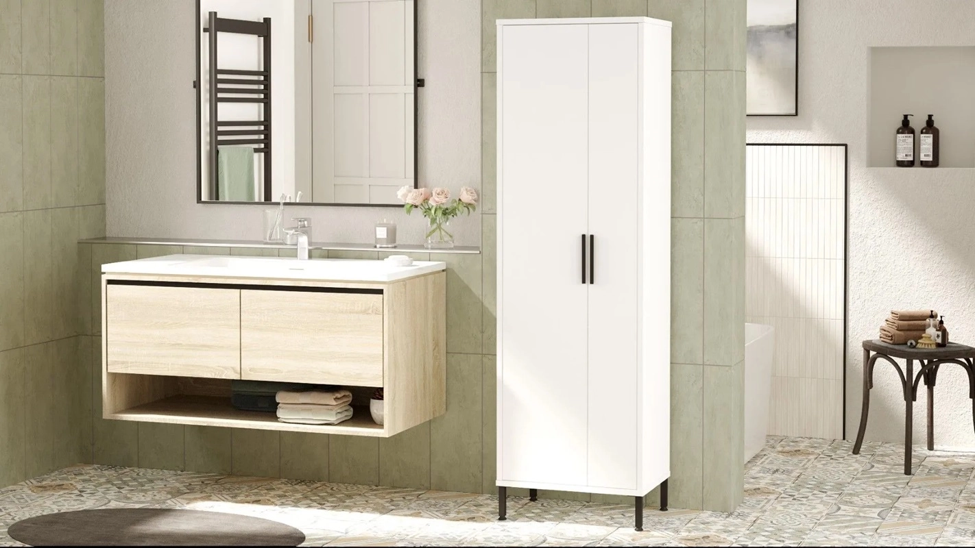 Colonna bagno moderna armadio multiuso 2 ante 50xH165 cm bianco Adrian