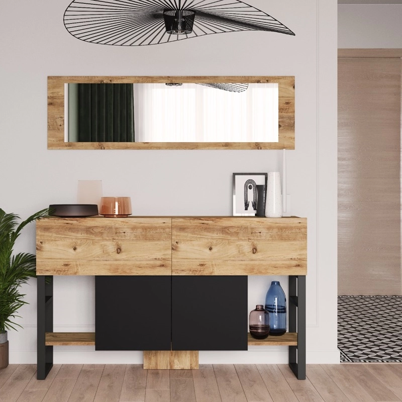 Mobile consolle ingresso salvaspazio specchio 139 cm 2 ribalte 2 ante rovere nero Caius
