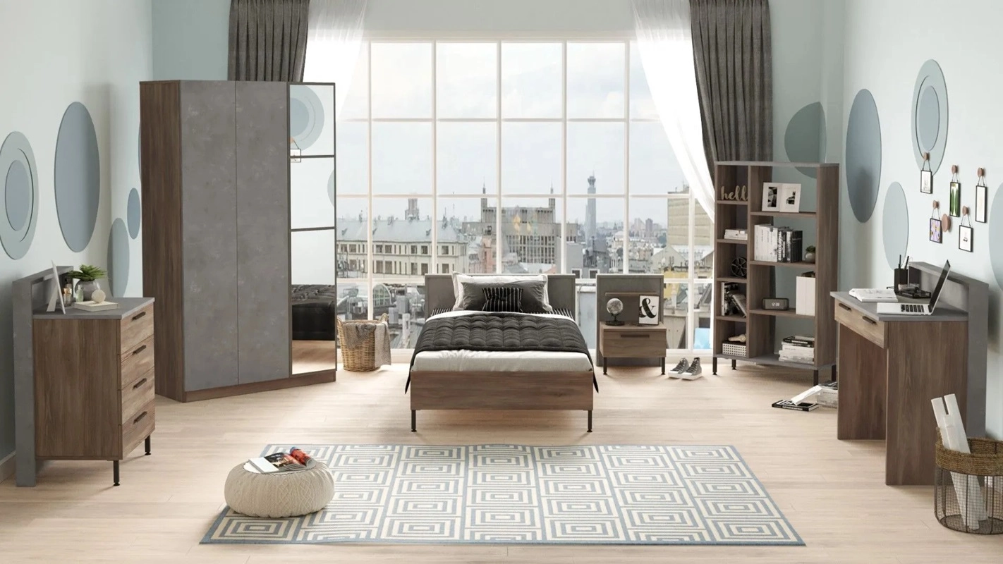 Cameretta bambino completa singola 90x190 cm marrone cemento Dexter-4