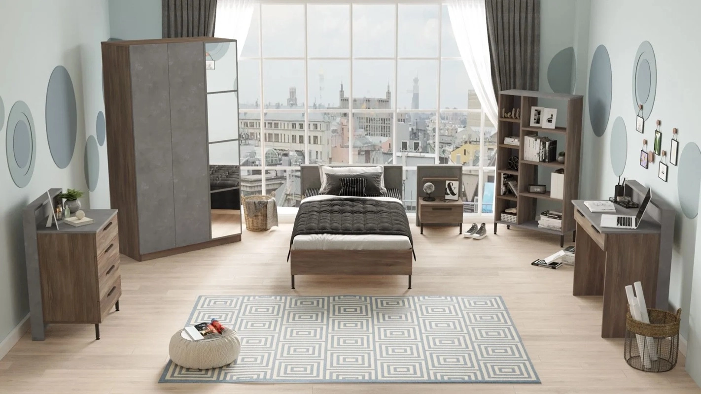 Cameretta bambino completa singola 90x190 cm marrone cemento Dexter-4