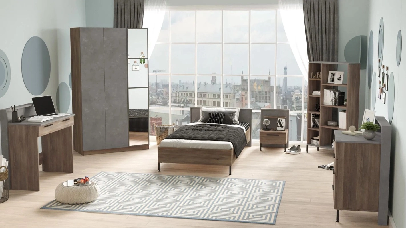 Cameretta bambino completa singola 90x190 cm marrone cemento Dexter-4
