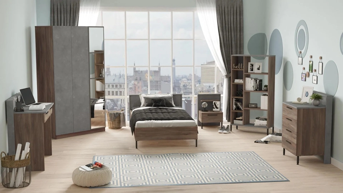 Cameretta bambino completa singola 90x190 cm marrone cemento Dexter-4