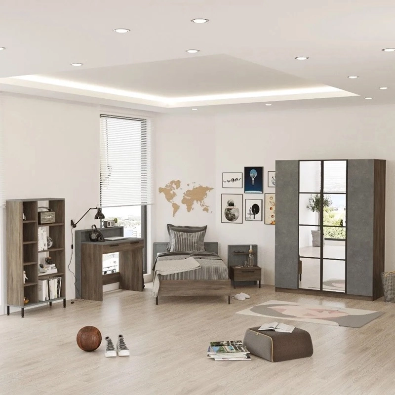 Cameretta bambino completa singola 90x190 cm marrone cemento Dexter-7