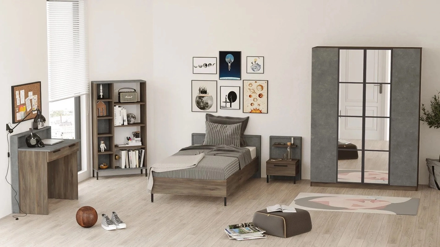 Cameretta bambino completa singola 90x190 cm marrone cemento Dexter-7