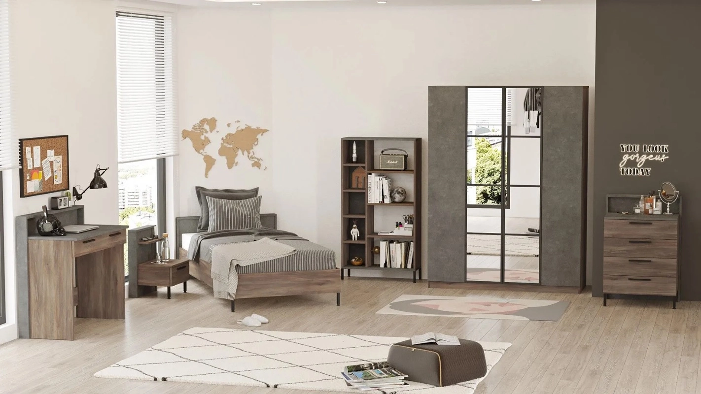 Cameretta bambino completa singola 90x190 cm marrone cemento Dexter-8